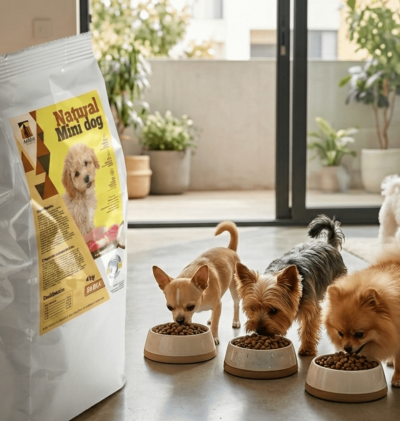 perros pequeños comiendo pienso