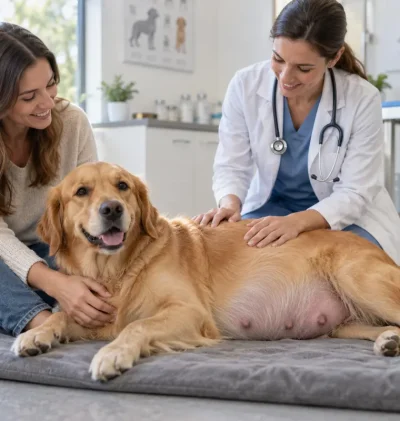 Perra embarazada durante la gestación canina